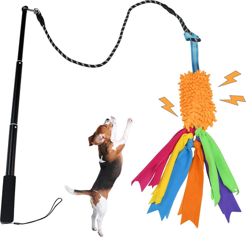 ASOCEA Dog Tug Toy with Flirt Pole,Aggressive Chewers Dog Squeaky Bungee Rope Toy Chase Pull Tug of War Lure Toy with Teaser Wand for Small Medium...