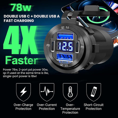 12V USB Outlet, 4 USB Port Aluminum Charger Socket 2 USB C PD & 2 USB QC3.0 with Voltmeter, 12V/24V Car USB Charger Socket for Car Boat Marine Bus...