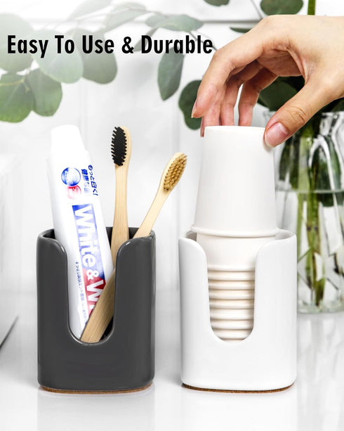 5 oz Square Ceramic Bathroom Cup Dispenser for Kids and Pregnancy - Disposable Paper Cup Holder for Mouthwash Cups on Bathroom Vanity Countertop (...