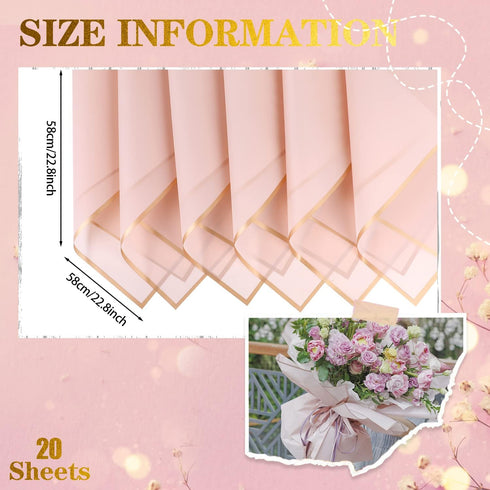 CCINEE 20 Sheets Gold Edge Flower Wrapping Paper,Waterproof Fresh Flower Packing Material Florist Bouquet Supplies DIY Craft Gift Packing,Pink...