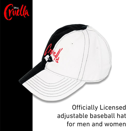 Disney Cruella Two-Tone Cotton Adjustable Dad Hat with Curved Brim, Black and White, One Size...