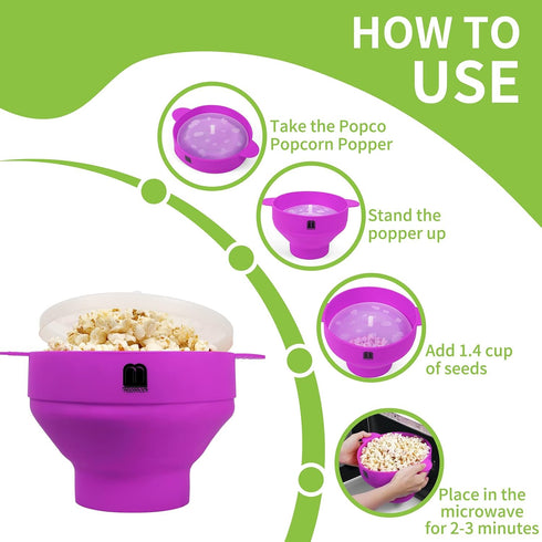 MMUGOOLER Original Microwave Popcorn Popper Silicone Popcorn Maker, Collapsible Bowl with Lid, Without BPA and Dishwasher Safe, Quick & Easy(Purpl...