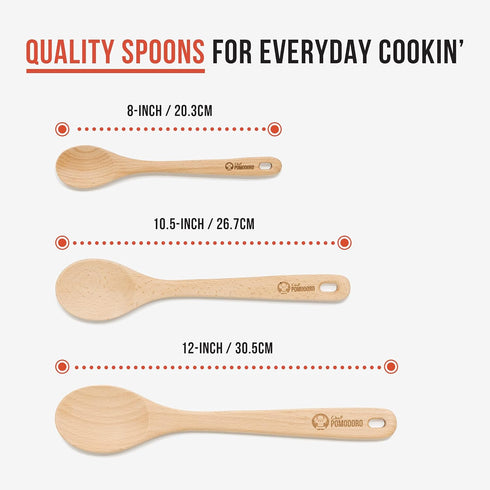 Chef Pomodoro Wooden Spoons for Cooking 3-Piece Set, Solid Beechwood Cooking Utensils | 12-Inch, 10.5-Inch, 8-Inch Wooden Utensils Set, Beechwood ...
