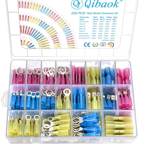 Qibaok 250 PCS Heat Shrink Wire Connectors Electrical Terminals Kit Waterproof Marine Automotive Terminals Set...