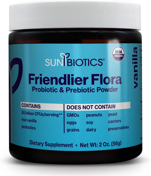 Friendlier Flora: Vanilla, 20 billion CFUs of 4 Probiotic Strains, Daily Probiotic Supplement, Non-GMO, Dairy-Free, Soy-Free and Gluten Free, 2 Ou...