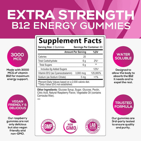 B12 Energy Gummy, Extra Strength 3000 mcg Vitamin B 12, B-12 Energy Metabolism & Immune System Support, Chewable Supplement for Adults & Kids, Caf...