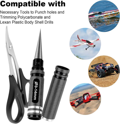 Hobbypark 0-14mm Hole Puncher Reamer w/Sleeve and Curved Scissors Set Universal Tool for RC Car Body Shell Lexan Plastic (with Black Reamer)...