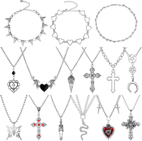 Janmercy 15 Pcs Gothic Grunge Necklace Set Goth Punk Rock Vintage Y2k Harajuku Silver Chain Choker Necklace Jewelry Costume Accessories for Women ...