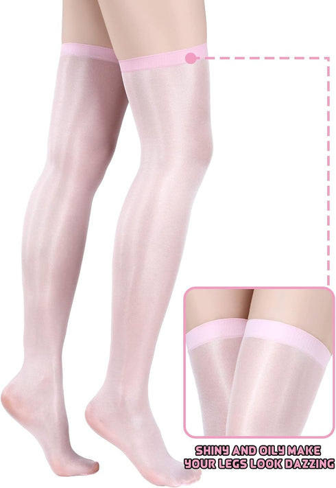 Geyoga 4 Pairs Shiny Thigh High Stockings Halloween Cosplay Sock Shimmery Silk Stockings Sheer Over the Knee Socks for Women...