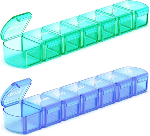 Extra Large Pill Organizer 2 Pack, XL Pill Box 7 Day, Weekly Pill Case with Large Capacity, Jumbo Organizer, BPA Free (Blue+Green)...