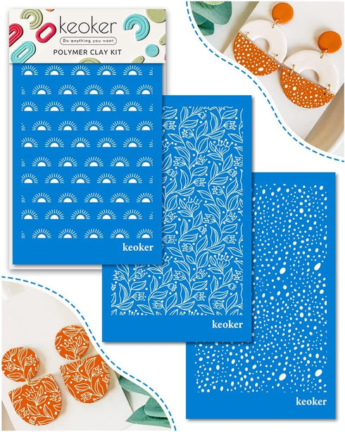 KEOKER Polymer Clay Silk Screen, Silk Screen Stencils for Polymer Clay, 3 PCS Reusable Silkscreen Print Kit,for Printing on Clay & Other Jewelry C...
