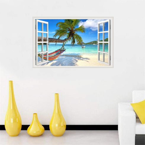 Beach Seascape Window Wall Sticker Palm Tree and Hammock Fake Window Wall Decals Removable Tropical Sea Window View Wall Stickers Decal for Living...