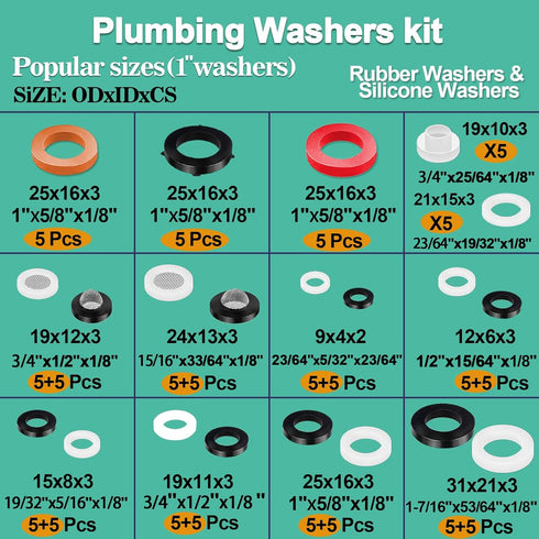 32 Size 258 PC Faucet and Plumbing Rubber Washers Assortment Kit for Assorted Garden Hose Valve Spigot Adapter Splitter Outdoor Faucet Bibb Shower...