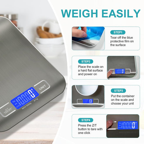 Food Scale, 11lb Kitchen Scale with 6 Units Tare Function & LCD Display, 0.05oz/1g Stainless Steel Digital Food Scale Grams and Ounces for Baking,...