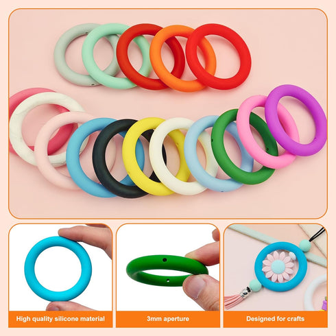 16pcs Silicone Beadable O Rings 65mm Silicone Bead Ring 16 Colors Silicone Focal Bead Round Silicone Loop with 2 Hole for DIY Keychain Car Bracele...