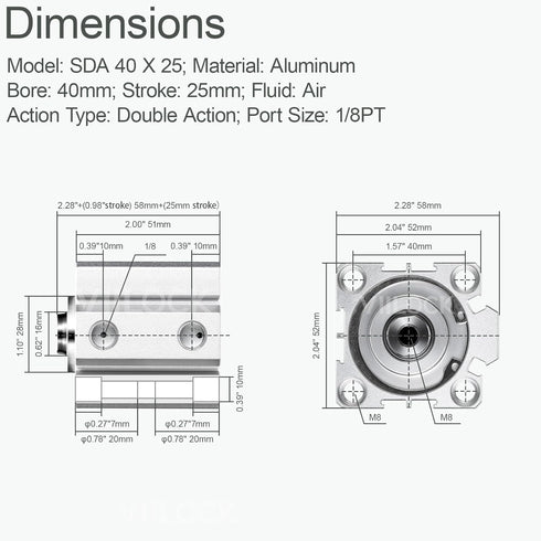 Pneumatic Air Cylinder 40mm Bore 25mm Stroke, Thin Air Cylinder Double Action Hydraulic Cylinders SDA 40 X 25...