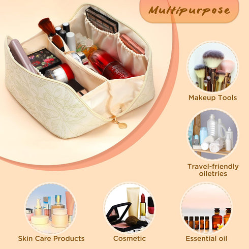 Large Capacity Travel Cosmetic,Makeup Bag Portable PU Leather Waterproof Flat Open Storage Bag with Handle Skincare Toiletry Bag for Women Graduat...