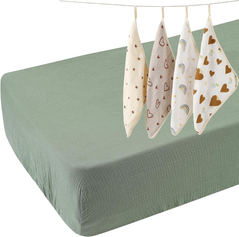 Muslin Fitted Crib Sheet with 4 Pack Muslin Baby Washcloths 12"x 12" Love Rainbow Stras,Cotton Stylish Boho Super Soft for Baby Roman Green...