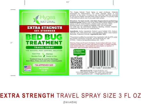 Bed Bug & Mite Extra Strength 3oz Travel Spray by Hygea Natural –TSA approved - New Formula 66% Stronger- Stain & Scent Free Treatment – Natural F...