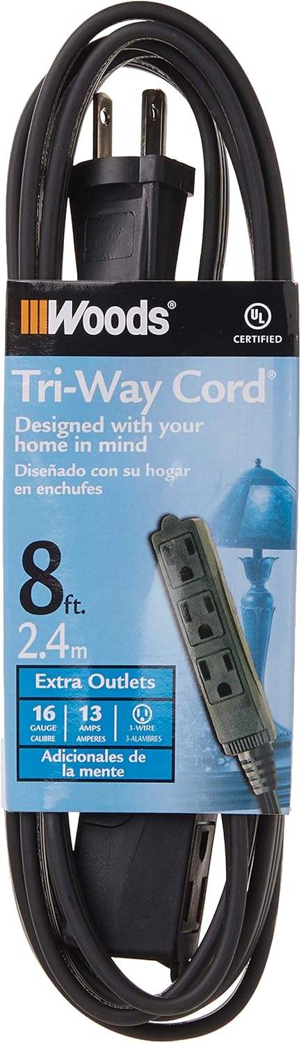 Woods 2611 8-Foot 3-Prong Indoor Extension Cord With 3 Outlets, Black...