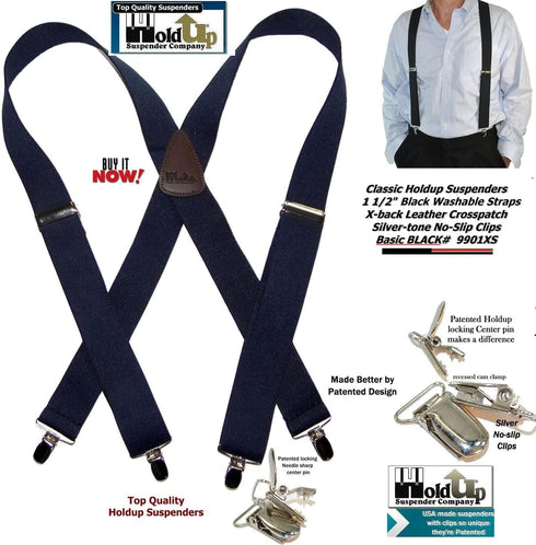 1 1/2" Wide Classic Series Holdups Suspenders for Men in X-back style w/USA Patented No-slip® Silver Clips...