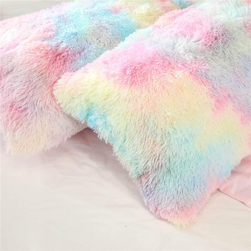 Plush Standard/Queen Pillowcase 2 Pack Rainbow Tie Dye Super Soft Fluffy Faux Fur Shaggy Pillow Cases/Covers Girls Cute Decorative Throw Pillow Sh...