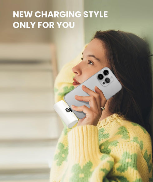 White Small Battery Charger for iPhone, Mini Portable Charger with Builtin Metal Stand, 5000mAh Ultra-Compact Power Bank?100%-0%? Digital Display ...