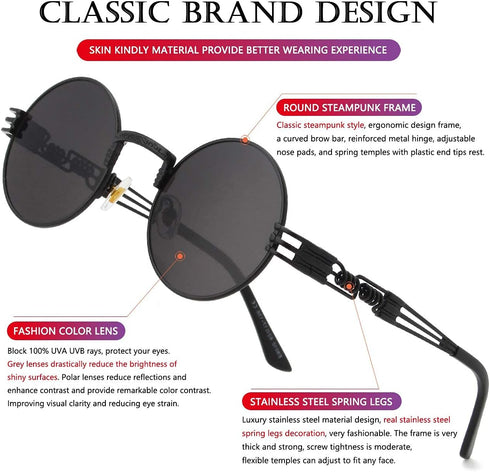 AIEYEZO Round Steampunk Sunglasses Circle Lennon Hippie Glasses Metal Frame 100% UV Blocking Lens...