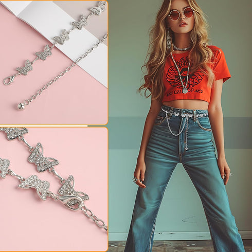 Women Butterfly Waist Chain Belt, Metal Rhinestones Waist Belts Women Dress Belts Body link Chain Belt for Girl Women...