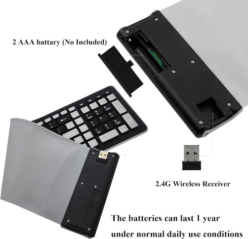 Wireless Silicone Keyboard, Portable Foldable Roll Up Soft Rubber Keyboard, Perfect for PC, Laptop and Travel (Black and Gray)...
