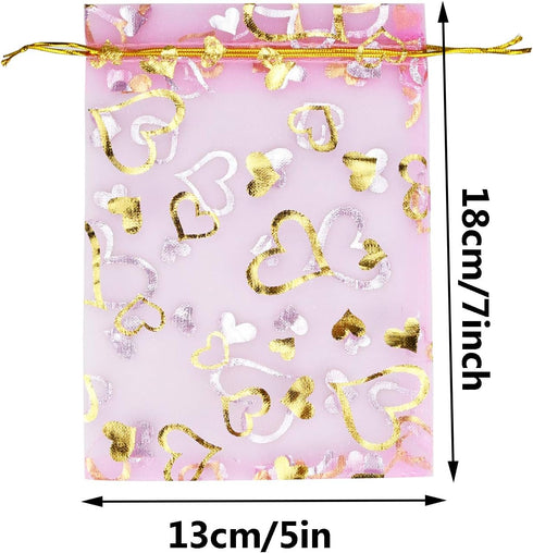 100PCS Heart Printed Organza Bags Gift Jewelry Candy Bags for Wedding Valentine's Day Mother's Day Party Christmas 5x7Inch...