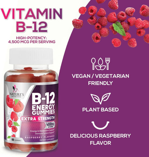 Vitamin B12 Energy Gummies - Extra Strength 4500 mcg Energy Chews for Metabolism & Nervous System Health Support, B-12 Gummy Chewable Supplement f...