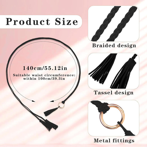 Women's Tassel Braided Waist Belt, Skinny Handwoven Belt with Ring for Dress Waist Belt...