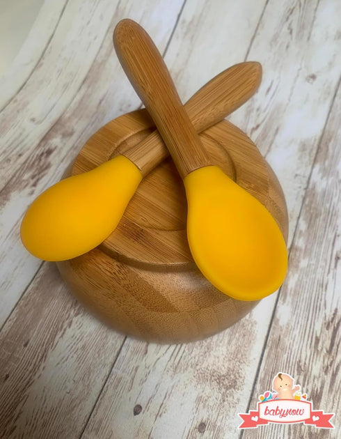 Baby Spoons Bamboo Feeding Spoon 5.5" with Silicone Tip BPA Free Toddler Food Spoons Yellow 2 PACK...