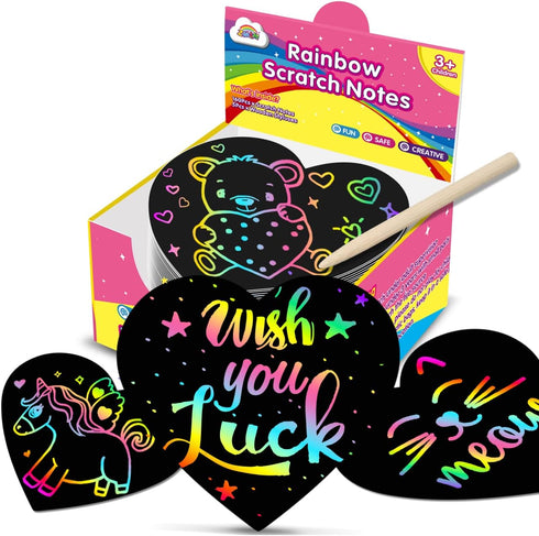 ZMLM Rainbow Scratch Art Party Favors - 160 Mini Heart Scratch Art Note Pads Craft Art Paper for Kids DIY Cards - Black Scratch Art Supplies Birth...
