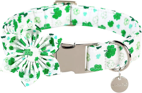 St. Patrick's Day Dog Collar with Flower, Cotton Flower Collar for Extra Large Girl Boy Dog, Durable Metal Buckle Pet Collar with Lucky Shamrock, ...
