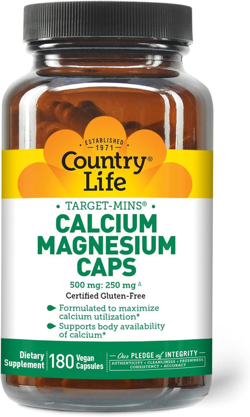 Country Life Target-Mins Calcium Magnesium Caps, 500mg: 250mg, 180 Vegan Capsules, Certified Gluten Free, Certified Vegan...