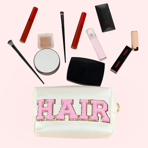 Chenille Letter Patch Makeup Bag, Preppy Cosmetic Bag PU Leather Skincare Bag with Zipper, Toiletry Bag Waterproof Travel Organizer Bag for Women ...