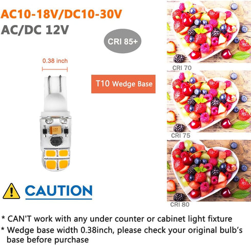 KAKEMONO T5 T10 Wedge Base LED Bulb 2W AC10-18V/ DC10-30V 2700K Warm White for 12V Low Voltage Landscape Path Deck RV Camper Lights, 10 Pack...