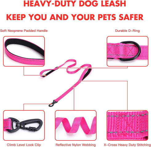 Reflective Nylon Dog Leash - Heavy Duty Padded Two Handle Reflective Leash for Night Safety Training for Small Medium Large Breed Pet Dogs (Light ...