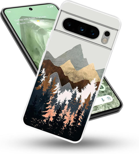 Compatible with Google Pixel 8 Pro Case, Mountain Forest Nature Landscape Nordic Abstract Art Flexible Silicone Shockproof Clear Case for Men and ...