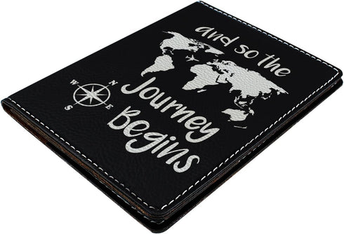 Cute Passport Holder for Women Journey Begins World Map Cute Passport Wallet Gifts for Travelers Laser Engraved Leatherette Passport Holder Black...