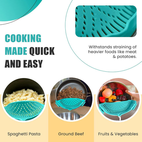 Clip On Kitchen Food Strainer for Spaghetti, Meat, Pasta, & Ground Beef Grease, Colander & Sieve Snaps or Clips Onto Bowls, Pots & Pans Includes S...