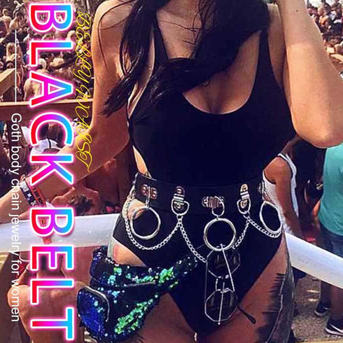 Nicute Punk Leather Chain Belt Black Goth Waist Chain Rave Body Chain Accessories for Women...