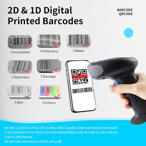 Wireless Barcode Scanner 1D QR Scanner Wireless Handheld Laser Bar Code Reader 3-in-1 with Bluetooth & 2.4G Wireless & USB Wired Works with iPad, ...