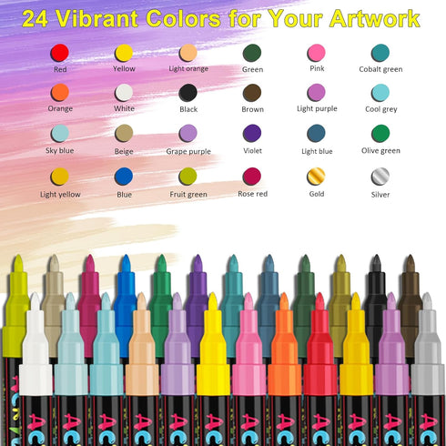 IVSUN 24 Colors Premium Extra Fine Point Acrylic Paint Marker Pens for Wood, Canvas, Stone, Rock Painting, Glass, Ceramic Surfaces, DIY Crafts Mak...