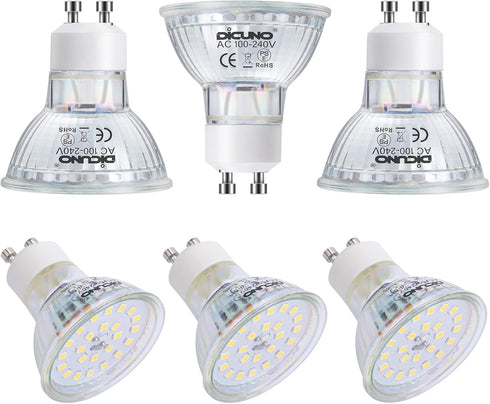DiCUNO GU10 LED Light Bulbs, 6W 60W Halogen Replacement, Bright Daylight White 5000K, 700LM, Full Glass Cover 120 Degree Beam Angle 120V MR16 GU10...
