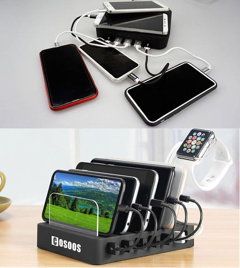 COSOOS Fastest Charging Station with QC 3.0, 63 W 6-Port USB Charging Station for Multiple Devices with 6 Mixed Short Cable & iWatch Stand, Multi ...
