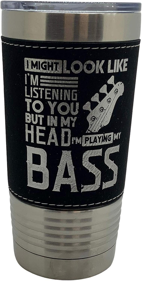 I am Playing Bass Guitar in My Mind Leather Wrapped Vacuum Insulated Tumbler 20 Oz Stainless-Steel Vacuum Mug (Black)...