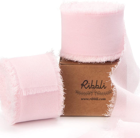 Ribbli Pale Blush Pink Chiffon Ribbon 1-1/2 inch x 20 Yard Handmade Fringe Chiffon Silk Ribbon, Pale Blush Ribbon for Wrapping, Wedding Invitation...